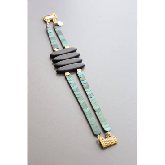 TLDB01 Green hematite & black stone ellipse magnet bracelet