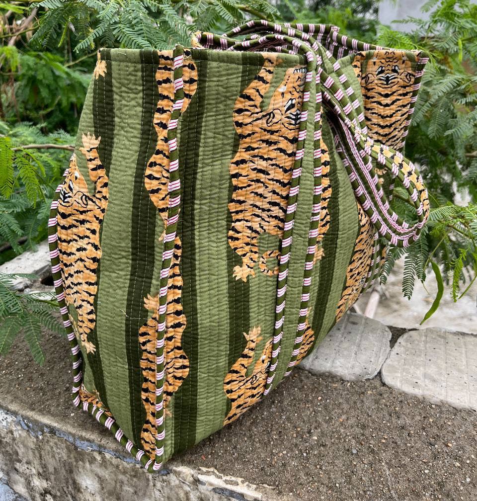 Tiger Block Printed Bag Indian Handmade Cotton Shopping Bag