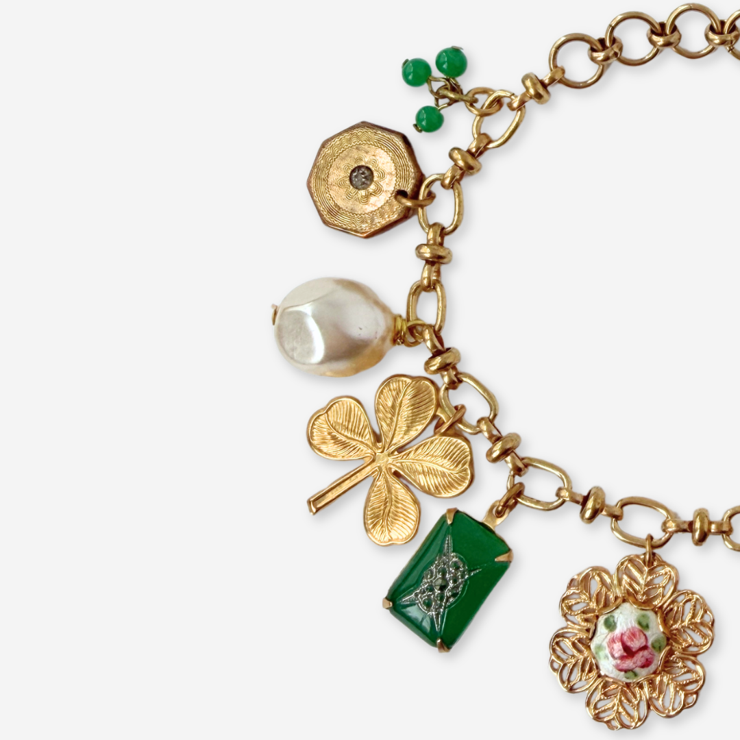 Repurposed vintage mixed charm bracelet: Green