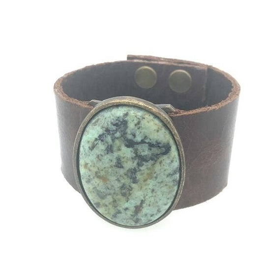 Oval Cabochon Leather Bracelet: Vintage Brown w African Turq