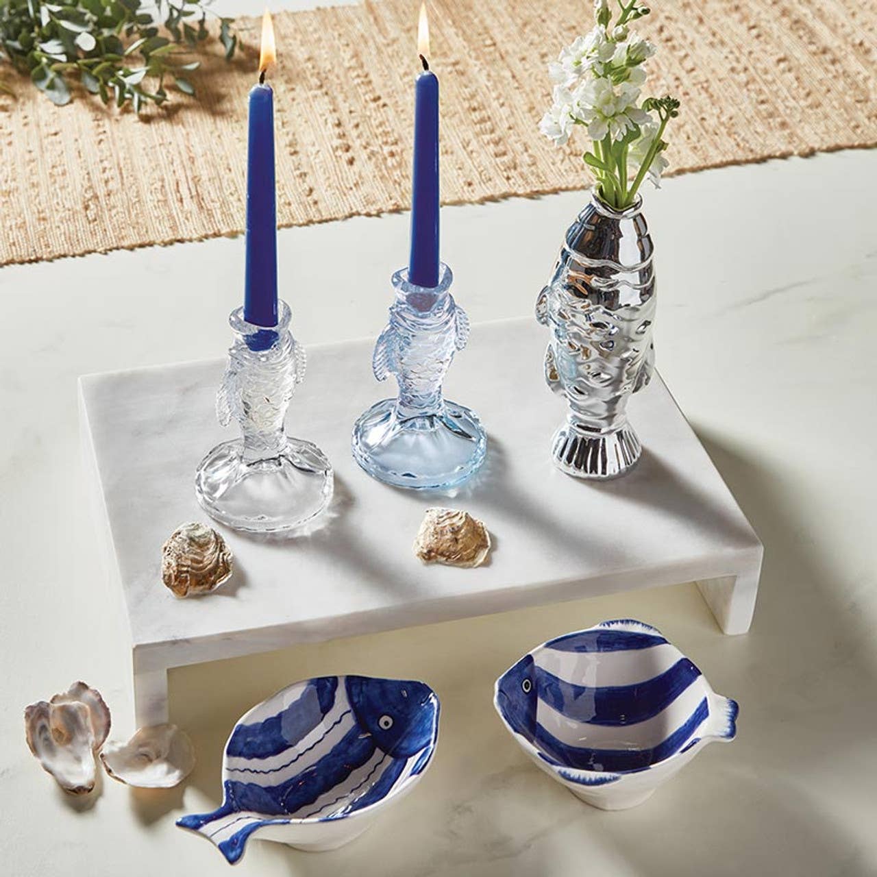 Blue Glass Fish Taper Candle Holder: Glass / 3" Dia x 5" H