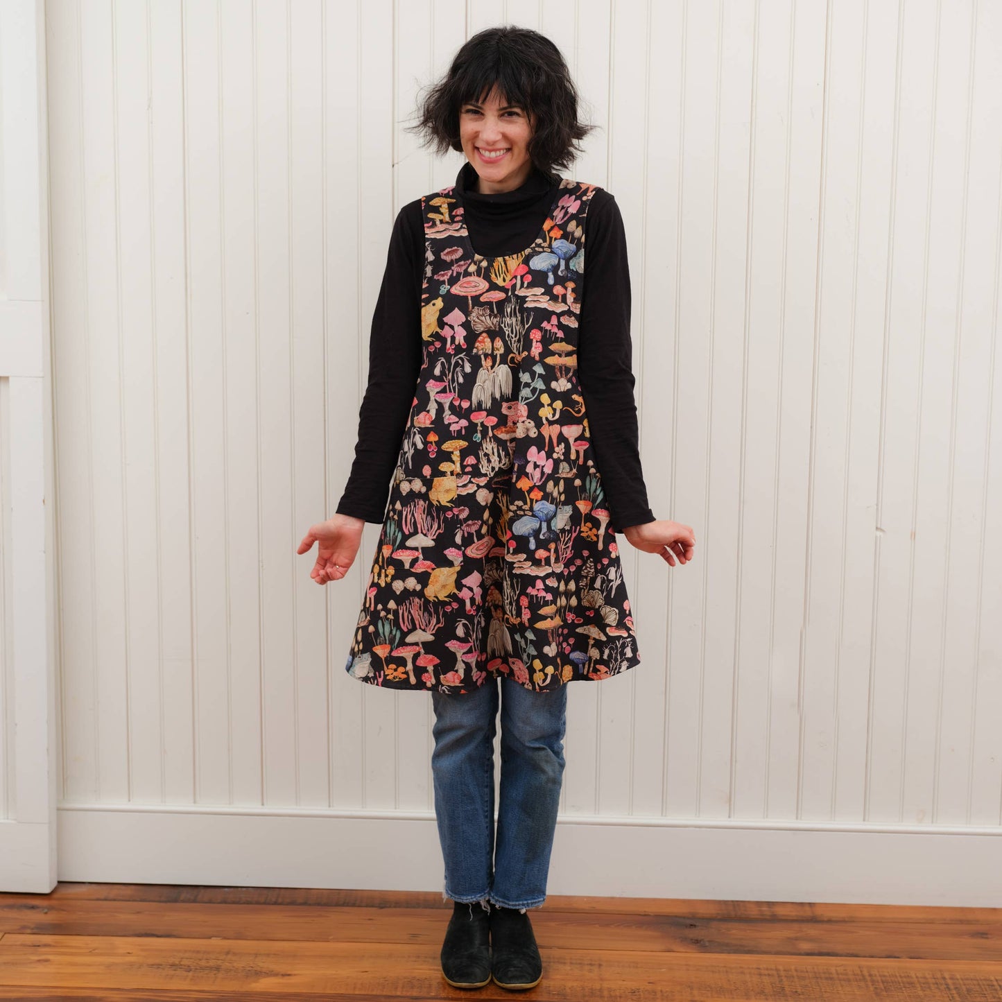 Pinafore Apron- Mushroom Magic in black