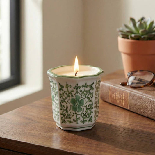 Scented Candle -  Plumeria Green and White Ceramic, 6 Oz