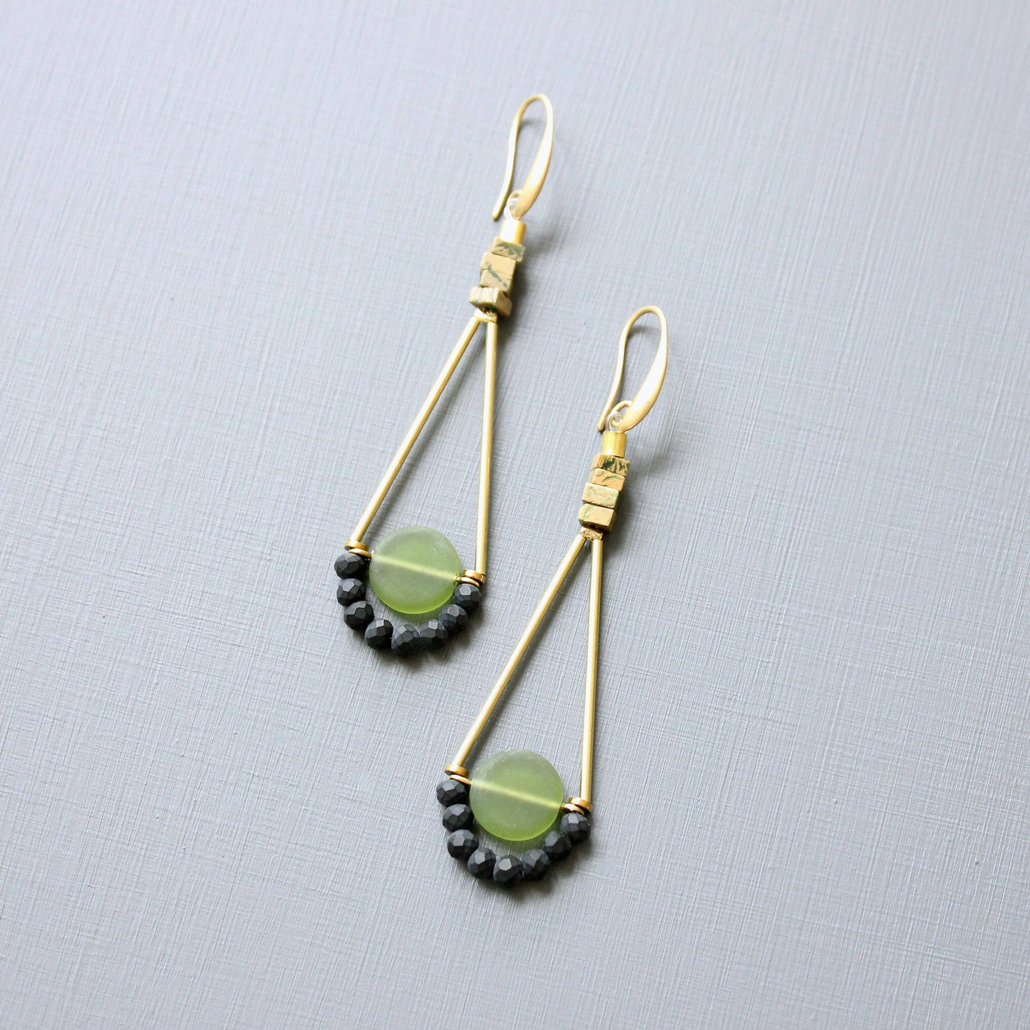 Olivine Glass Geometric Dangle Earrings