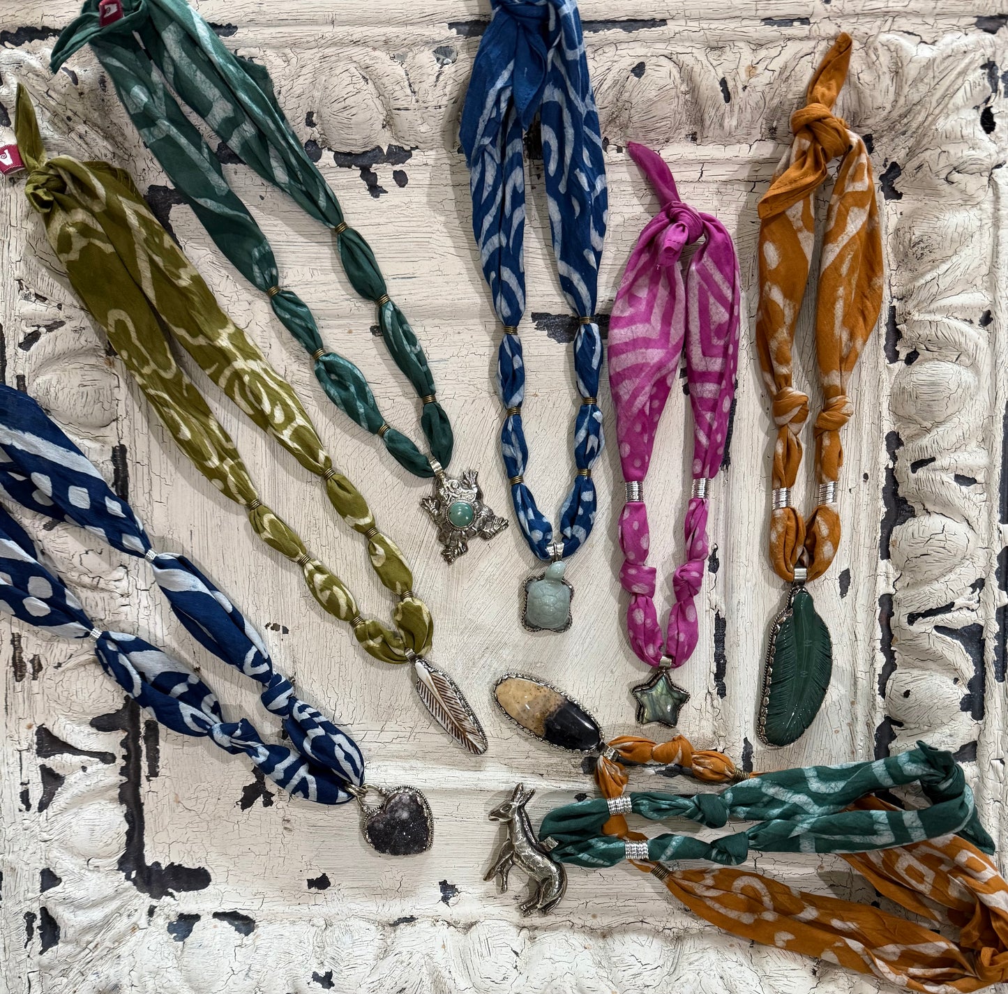 Handmade scarf necklaces with silver charms