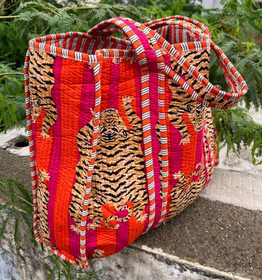 Market Bag Women Shopping Bag Tiger Print Cotton Quilted Bag
