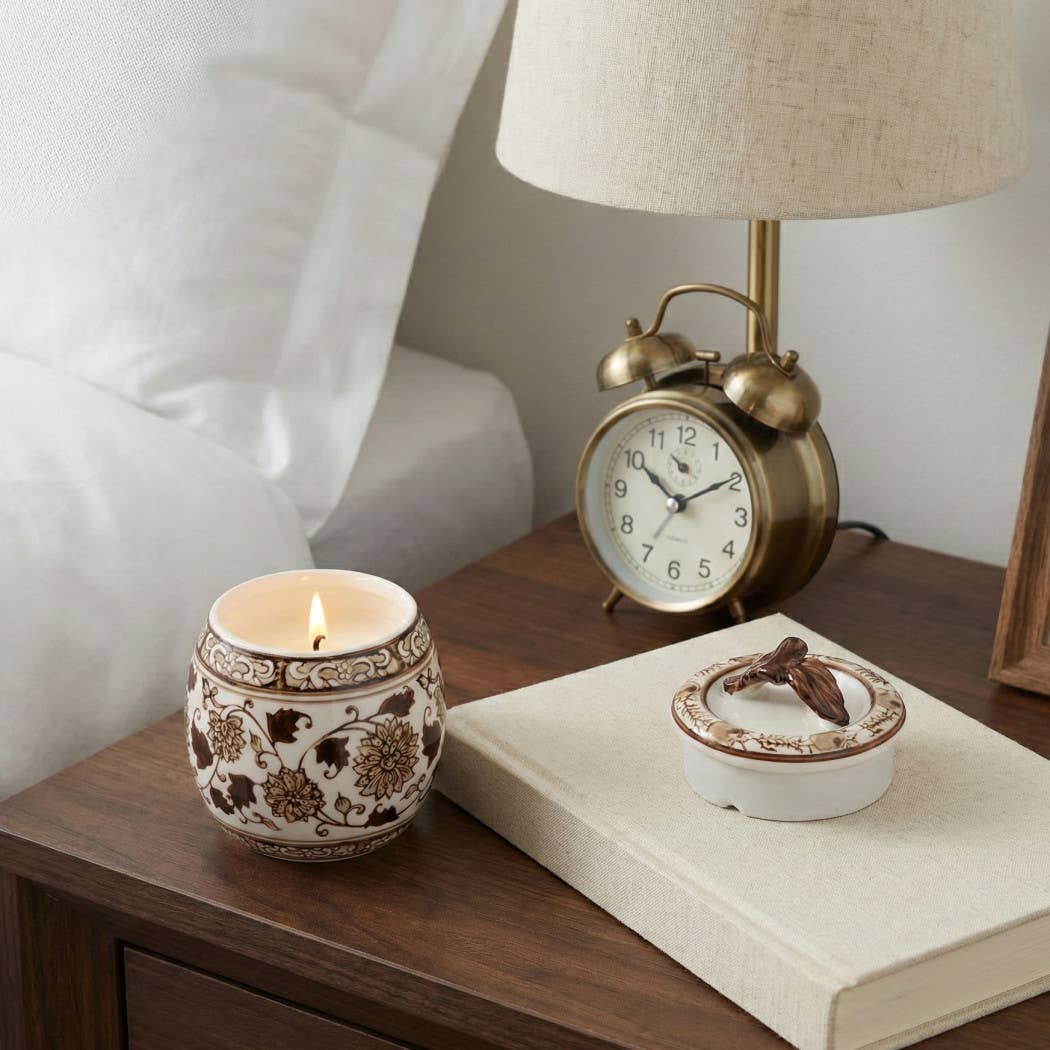 Scented Candle - Peony Wax Brown Chinoiserie With Lid, 8.5Oz