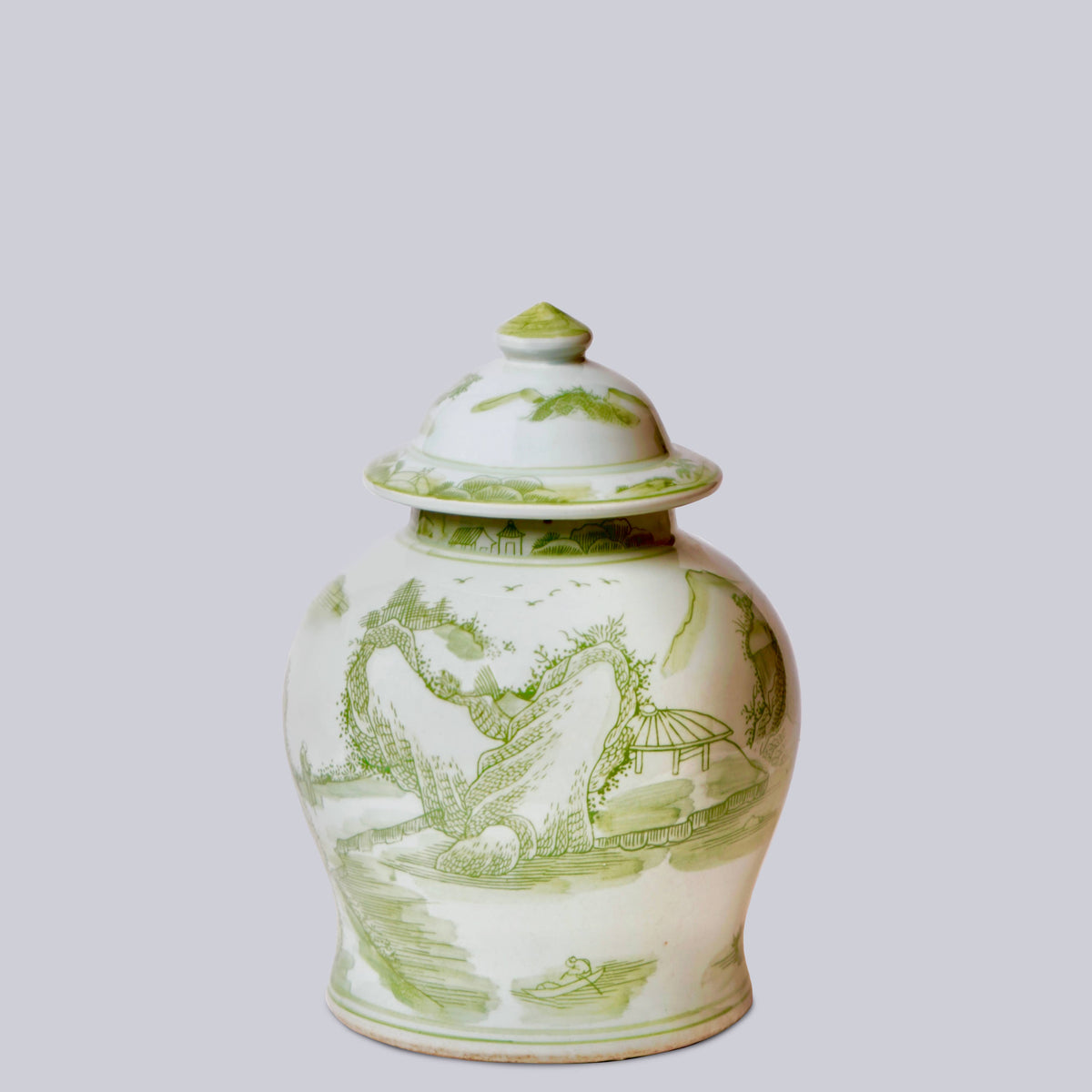 Medium Green and White Porcelain Landscape Temple Jar