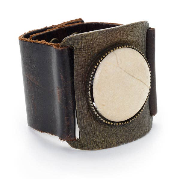 Large Round Cabochon Leather Cuff: Vintage Brown w African Turq