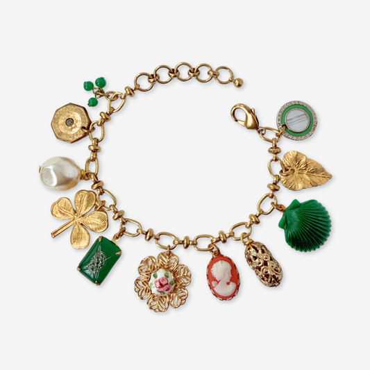 Repurposed vintage mixed charm bracelet: Green