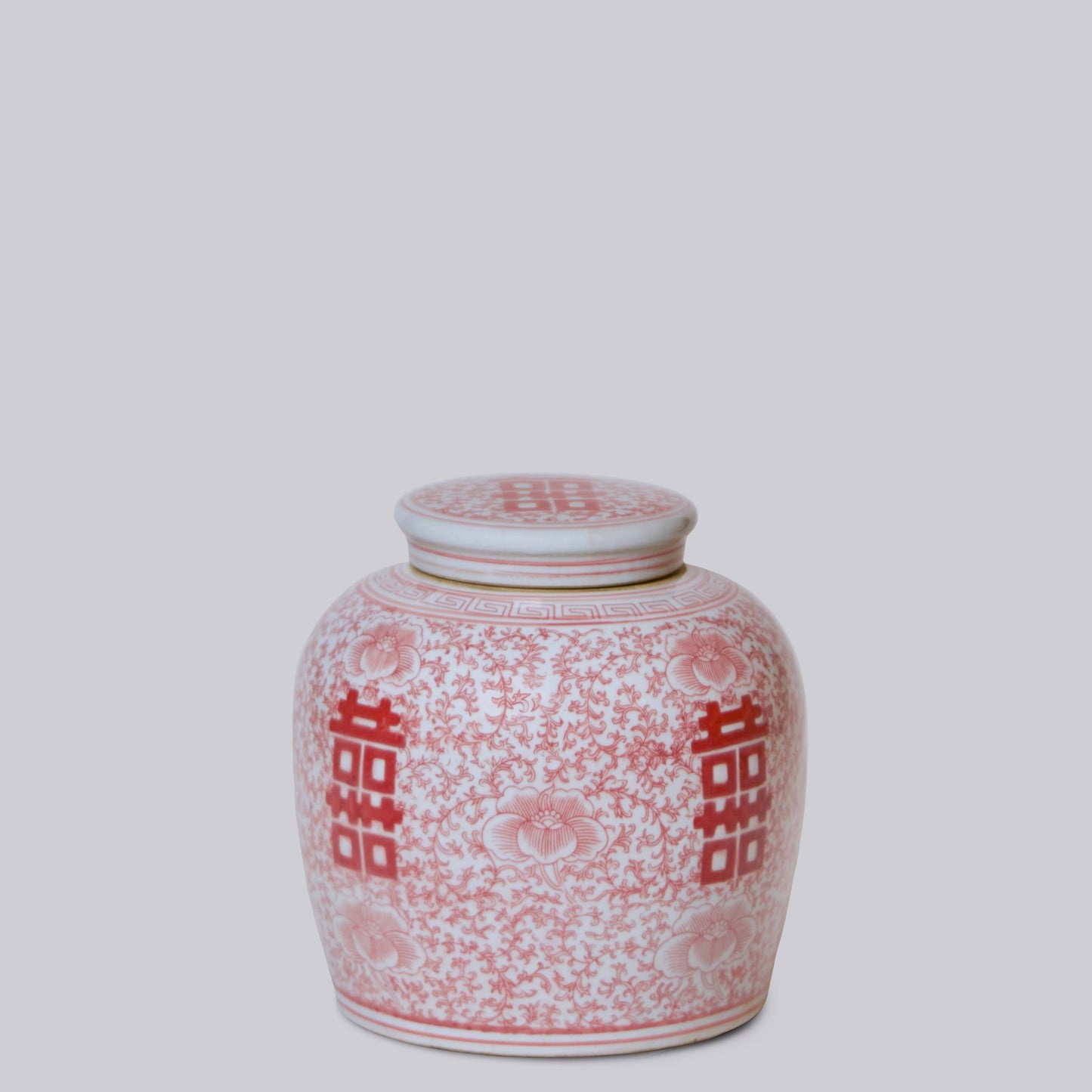 Double Happiness Red & White Porcelain Round Storage Jar