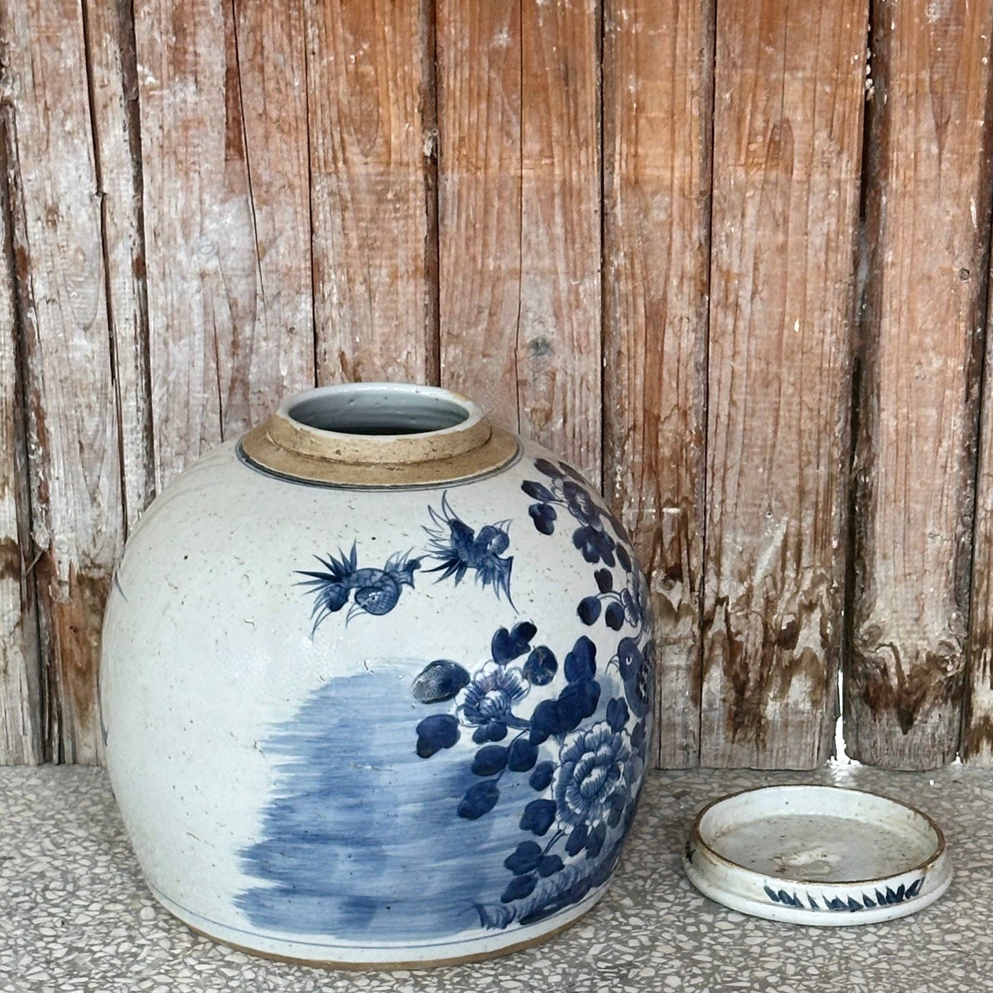 Blue & White Porcelain Bird & Flower Large Round Storage Jar