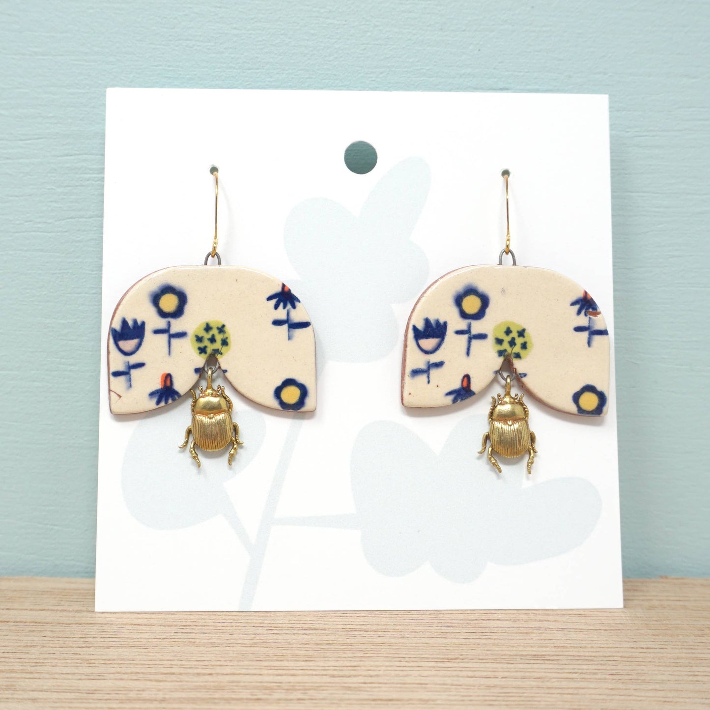 Beetle Calico Dangle Earrings with 14k Gold-Plated Hooks