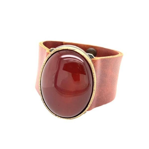 Oval Cabochon Leather Bracelet: Vintage Brown w African Turq