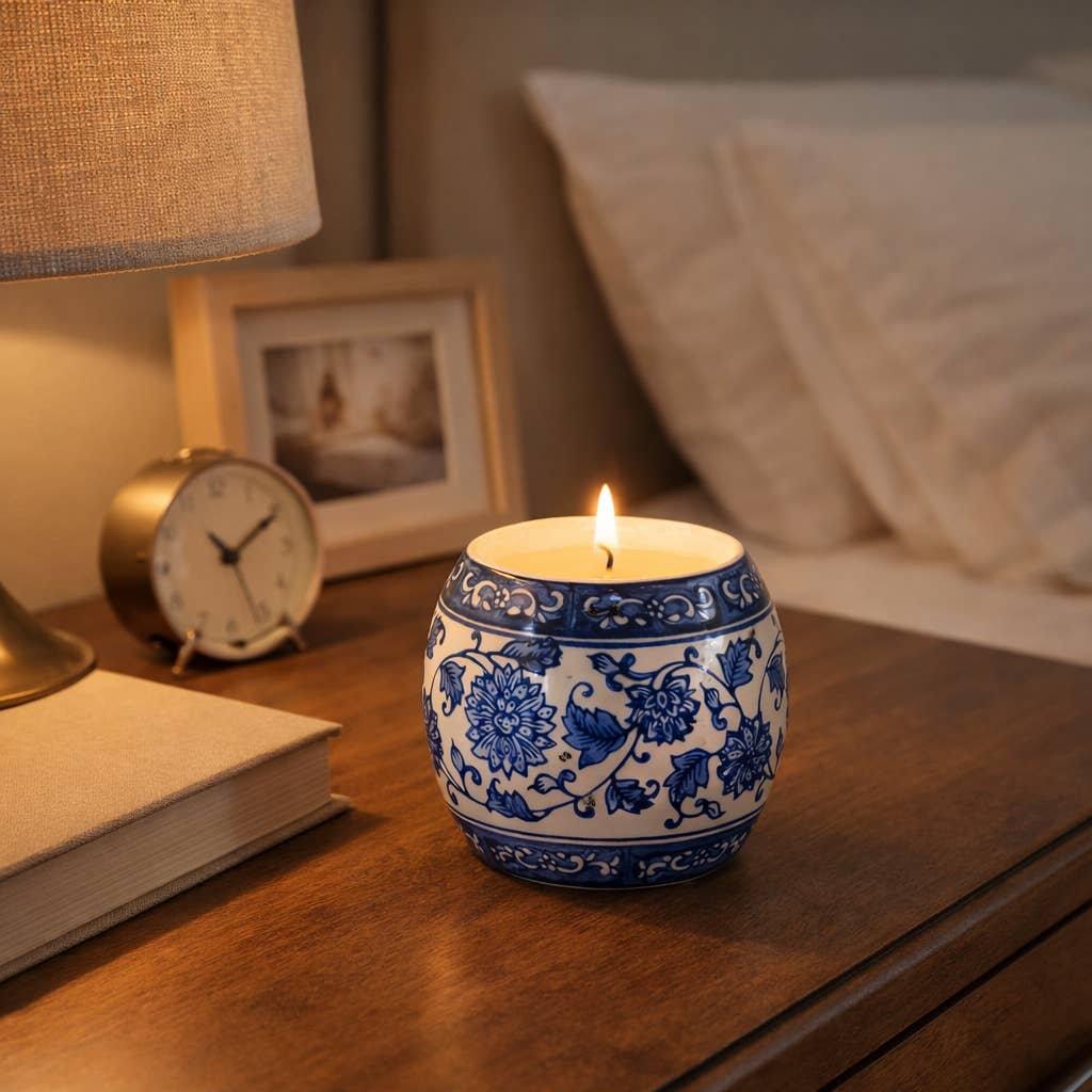 Scented Candle - Peony Wax Blue Chinoiserie With Lid, 8.5 Oz