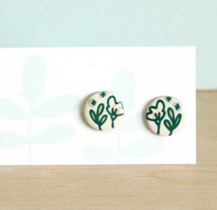 Berries + Floral Ceramic Hypoallergenic Sterling Silver Plated Stud Earrings