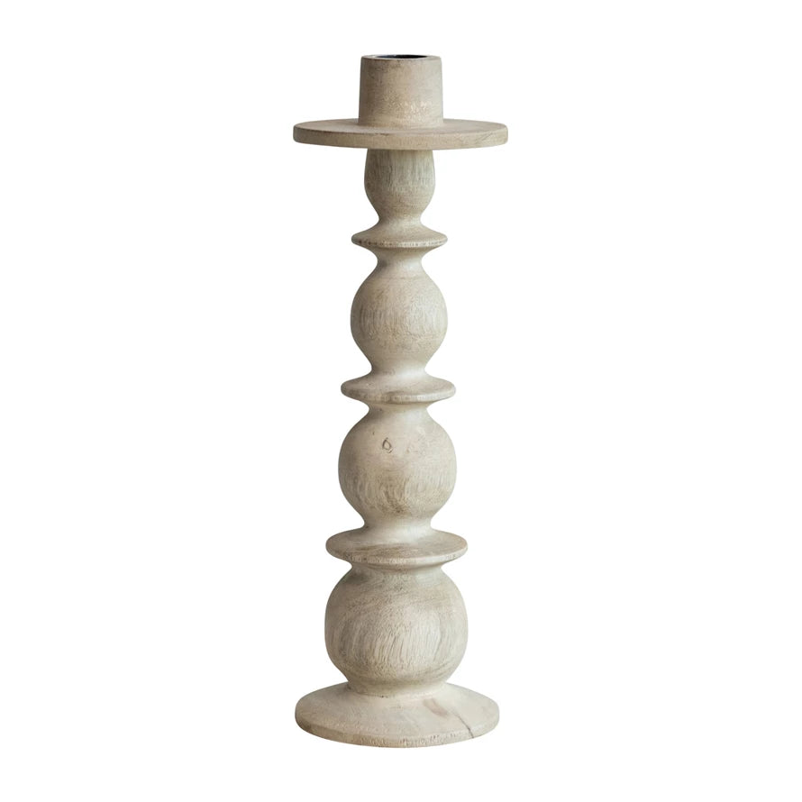 Carved Mango Wood Taper Holder, Bleached