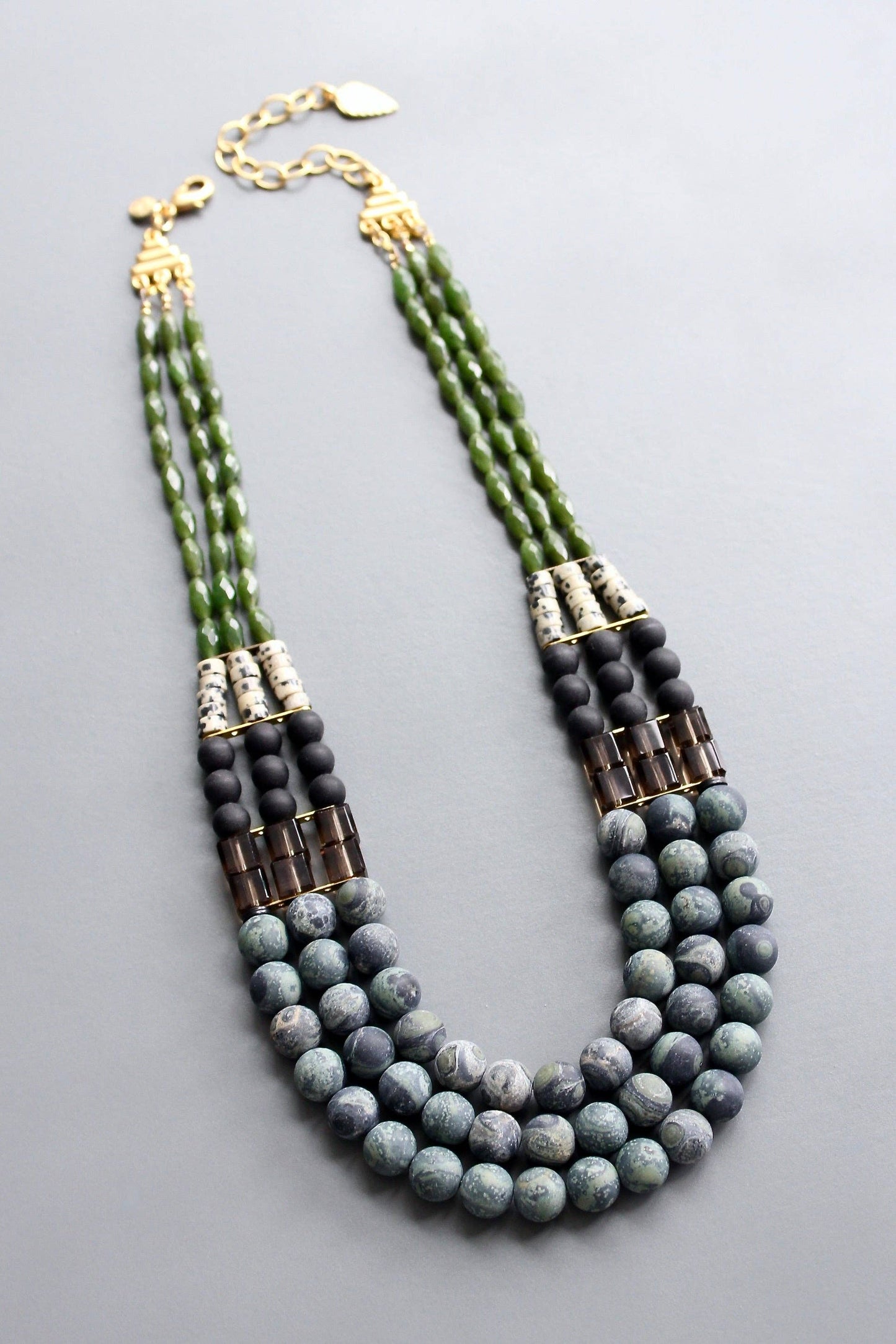 HYL219 Jasper and glass triple strand necklace
