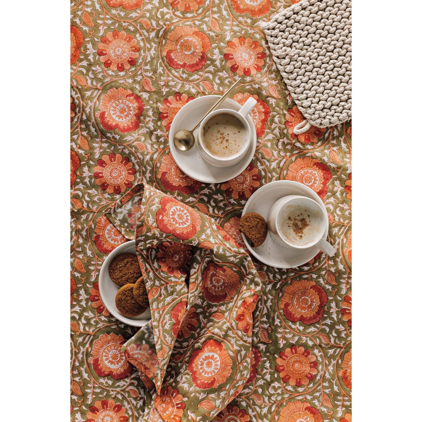 Zinnia Block Print Tablecloth 60 x 90 Inches