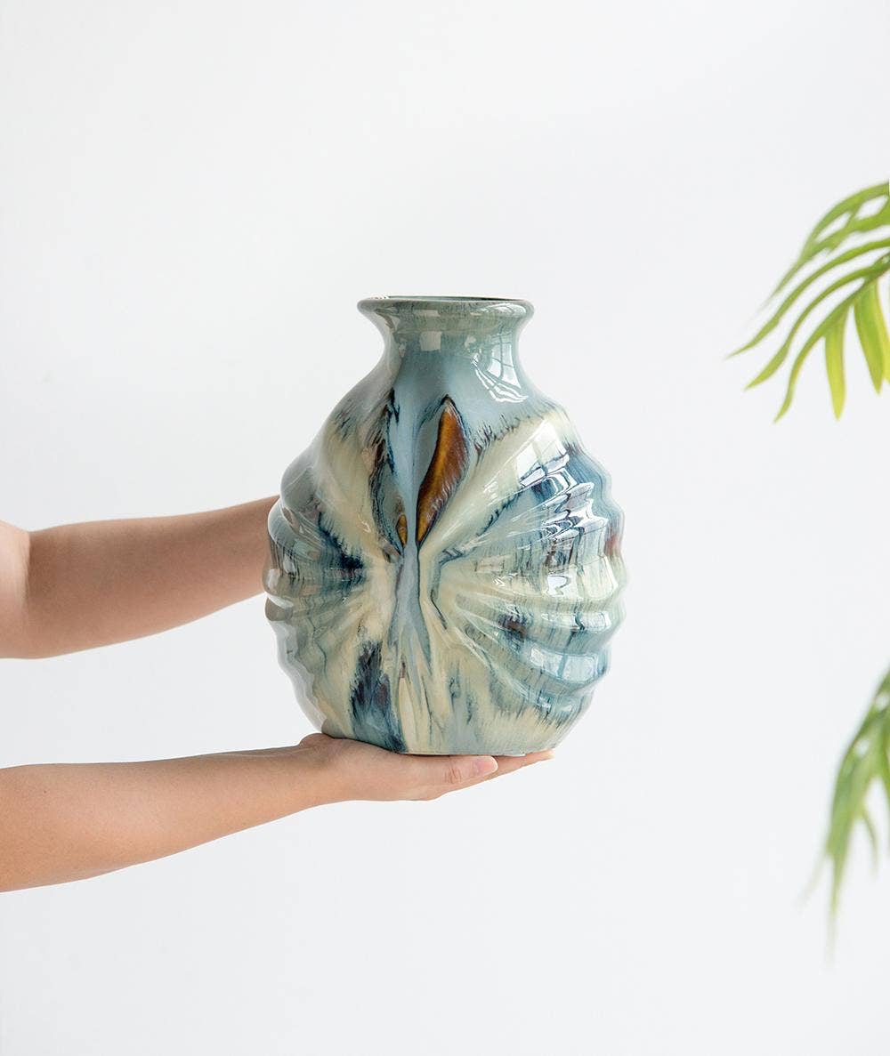 8.7x8.7x11" Blue and Brown Reactive Glazed Accent Vase