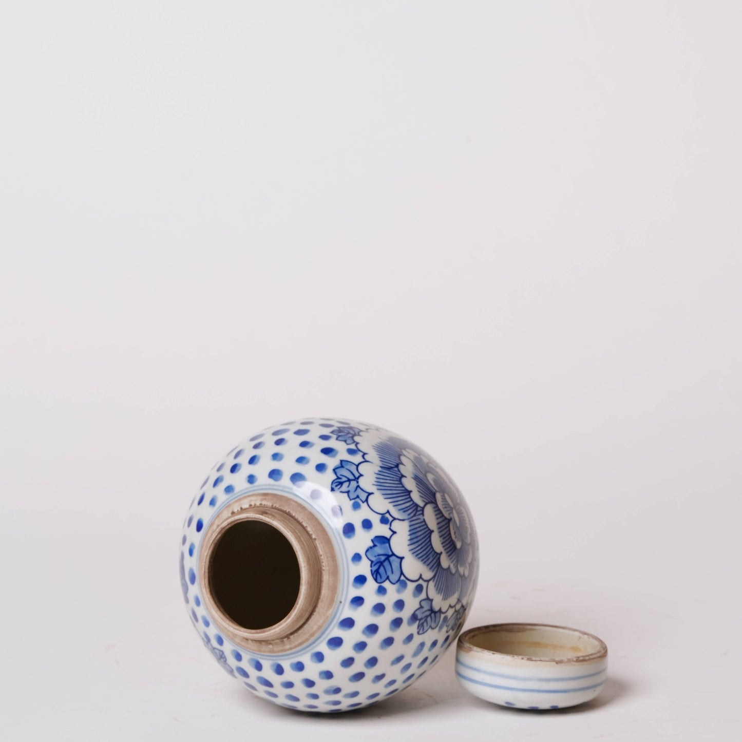 Blue and White Porcelain Peony Polka Dot Round Storage Jar