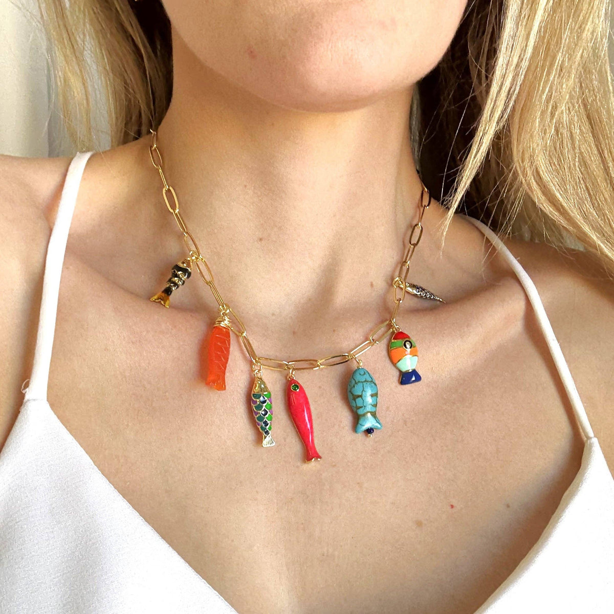 Colorful Fish Charm Necklace - Gold Statement Jewelry