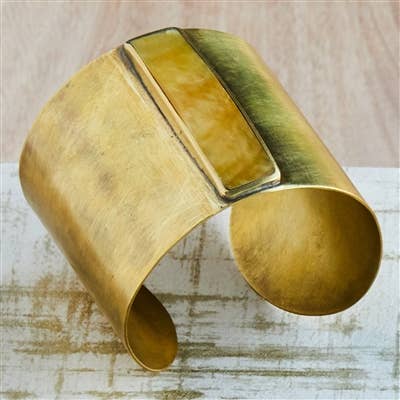 Suja Cuff w Bezel Set Rectangle MOP, Brass, Mother of Pearl