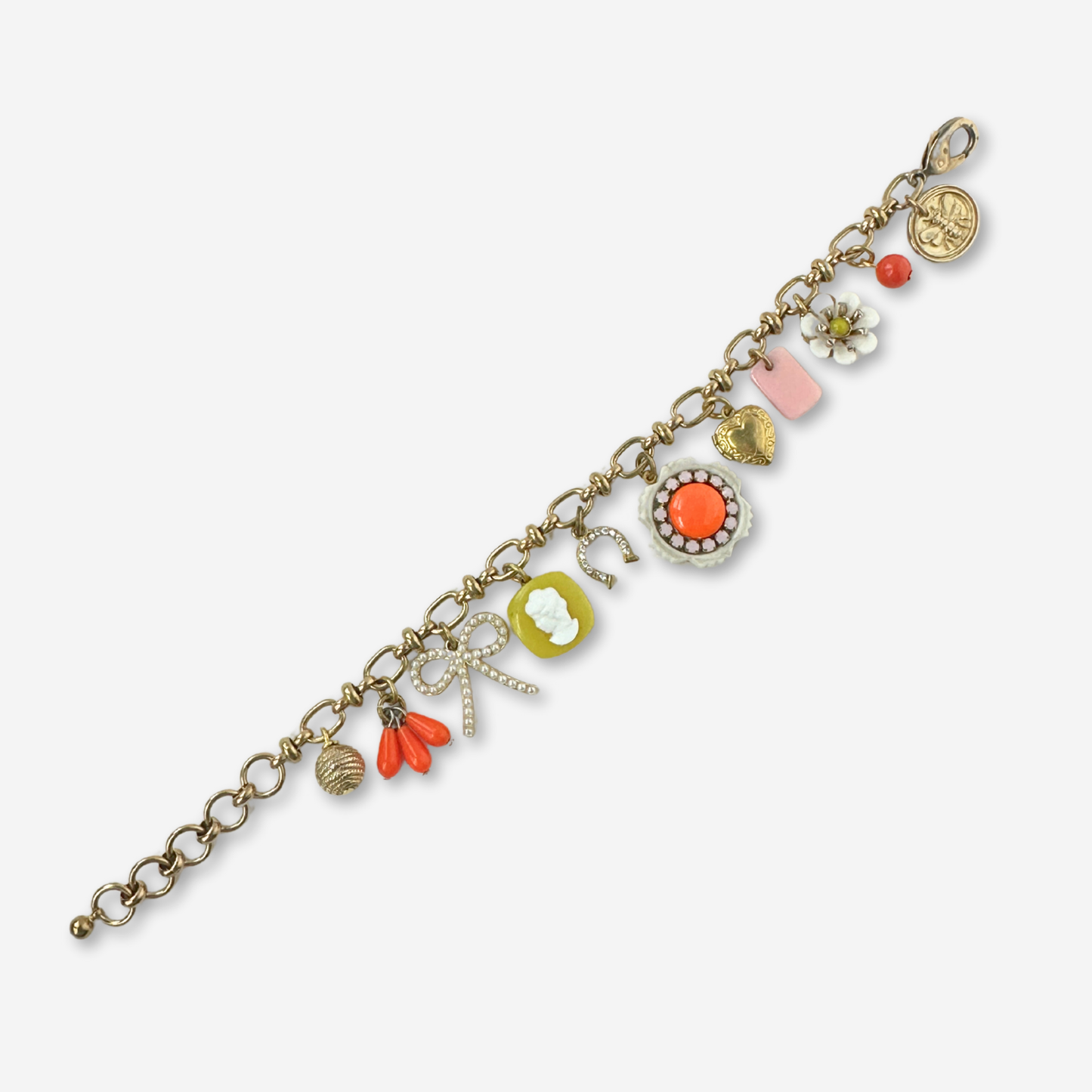 Repurposed vintage yellow, orange, and pink charm bracelet