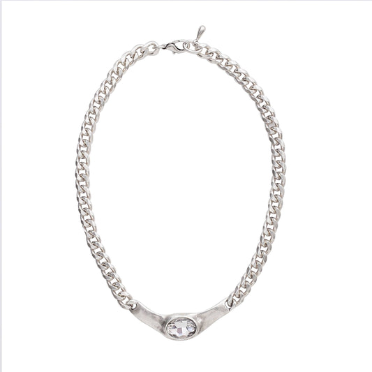 Handmade Clear Crystal Oval Pewter Necklace - 3943