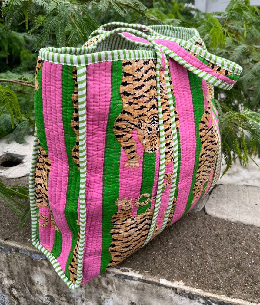 Tiger Printed Women Shopping Bag Cotton Quilted Jhola Bags