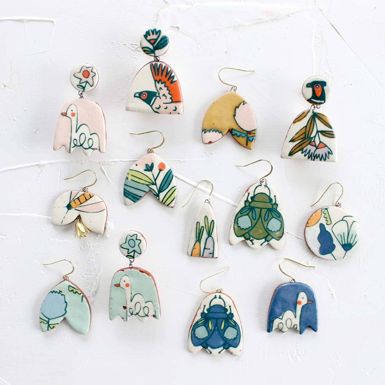 Green Beetle Ceramic Earrings with 14k Gold-Plated Hooks