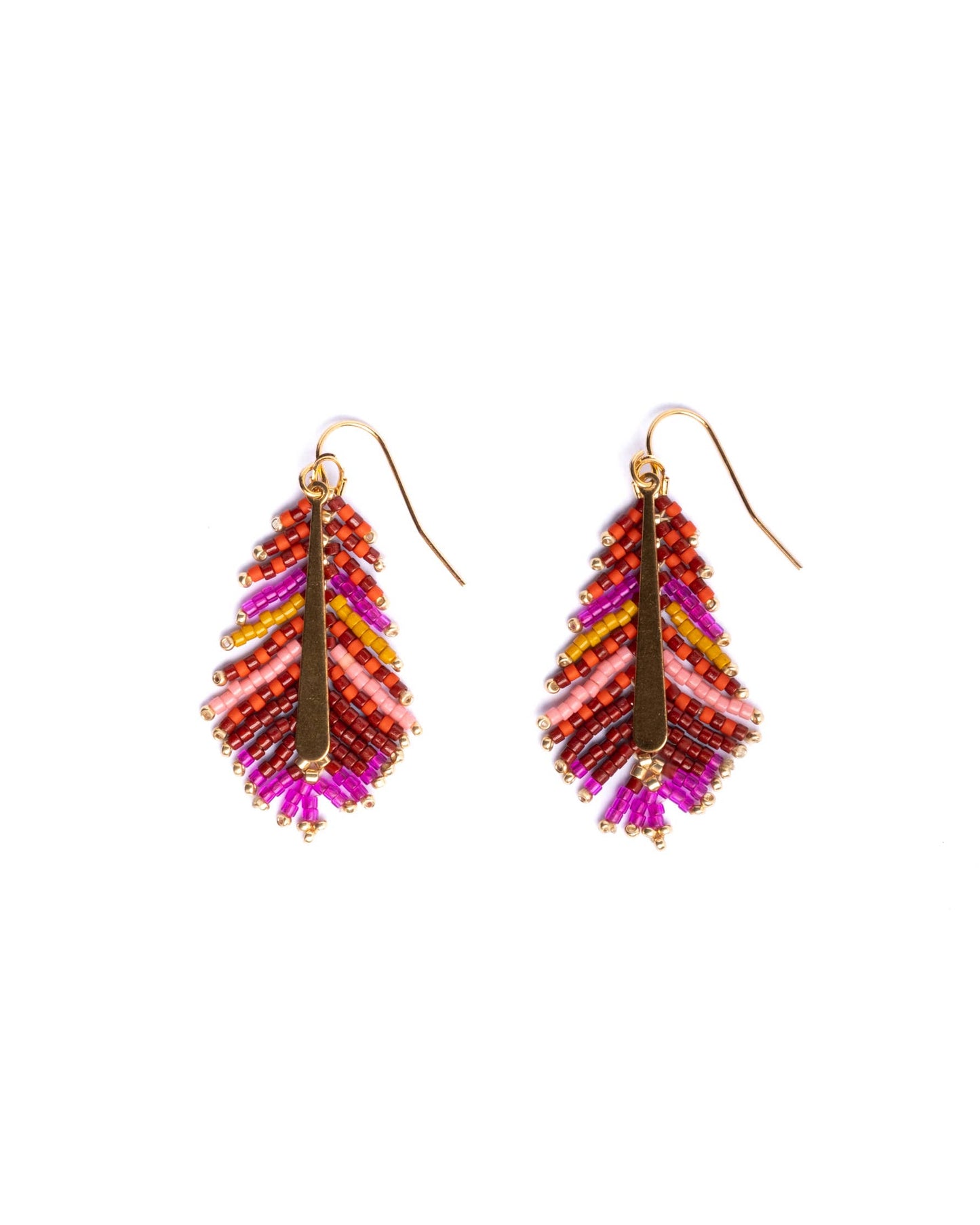 Beaded Handwoven Gilded Feather Earrings (Rust/Aqua)