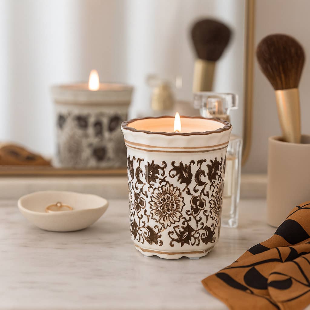 Scented Candle - Jasmine Brown and White Ceramic, 7 Oz