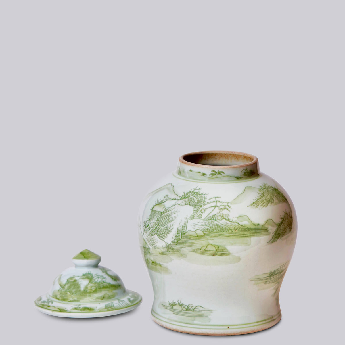 Medium Green and White Porcelain Landscape Temple Jar