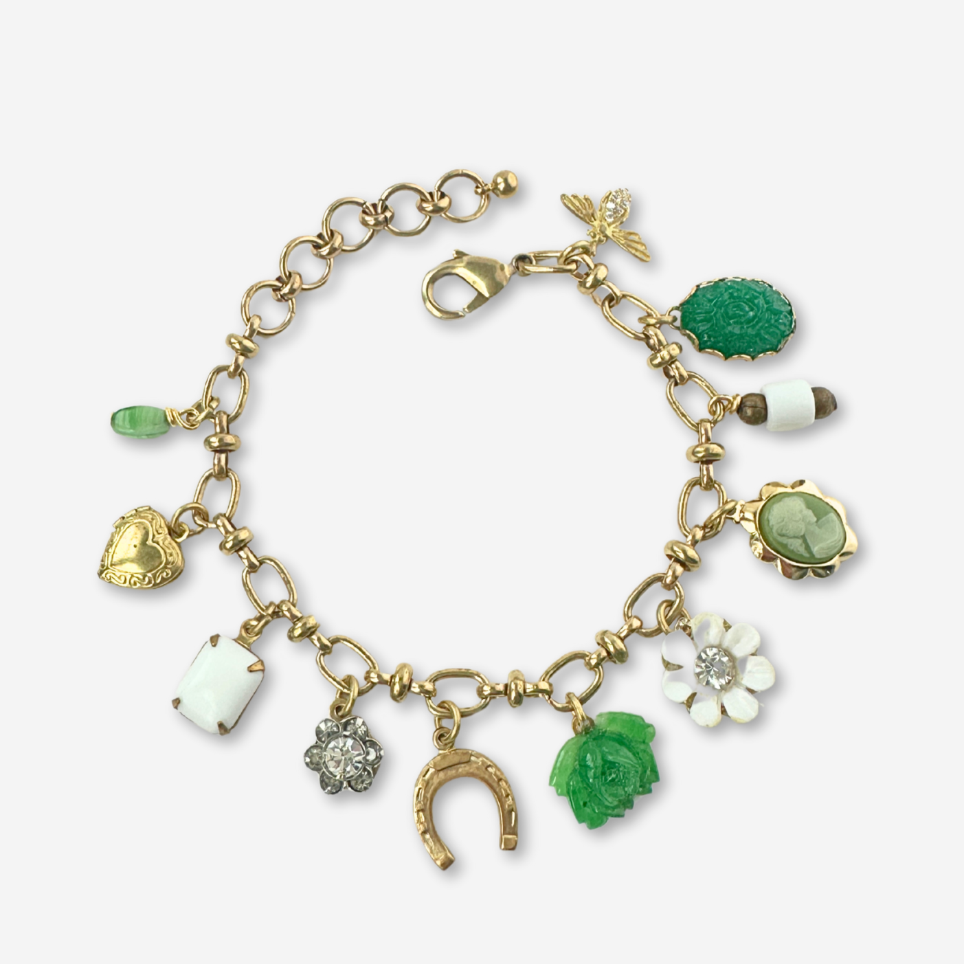 Repurposed vintage green and white floral charm bracelet