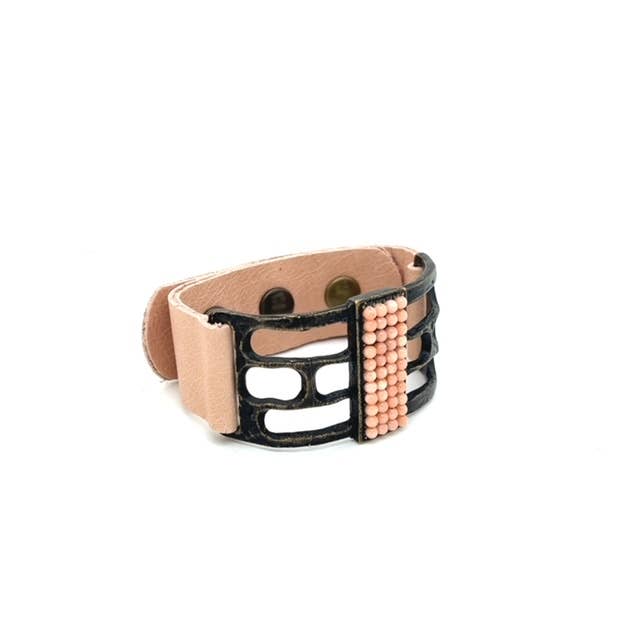 Open Rectangle Leather Bracelet: Vintage Brown w Black diamond