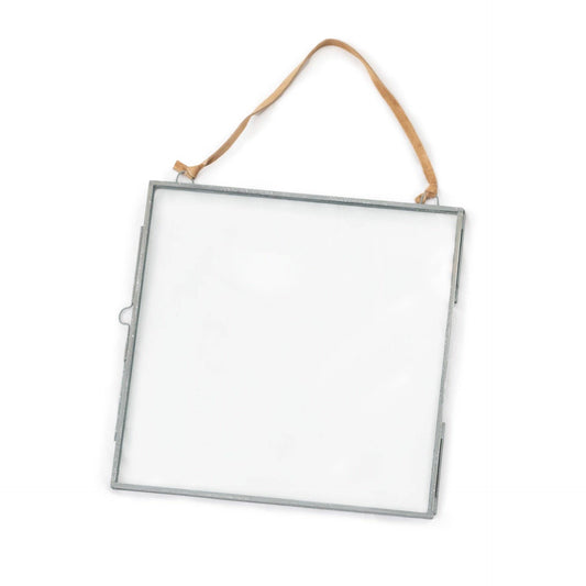 Glass and Metal Wall Hanging Picture Frame with Brown Suede: 15 x 15
