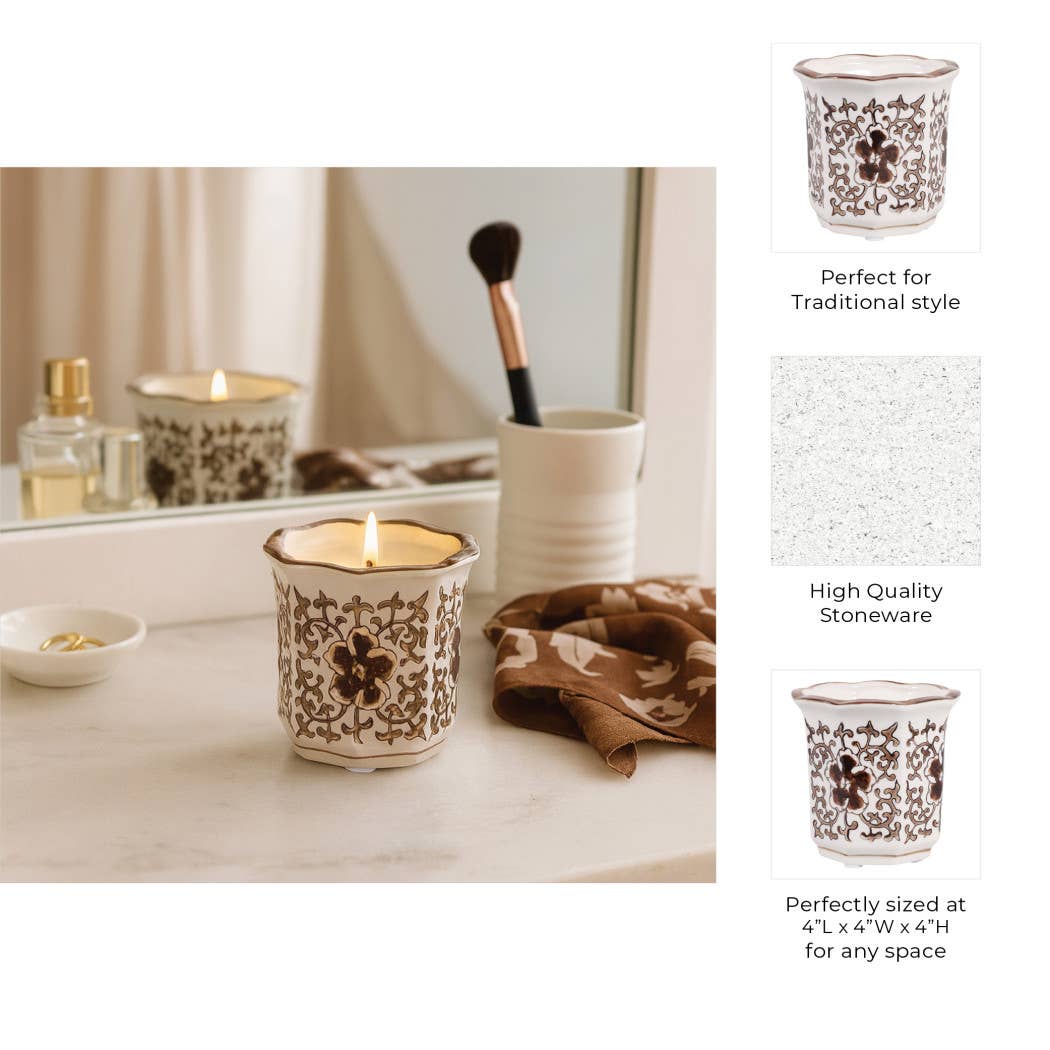 Scented Candle - Plumeria Brown and White Ceramic, 6 Oz
