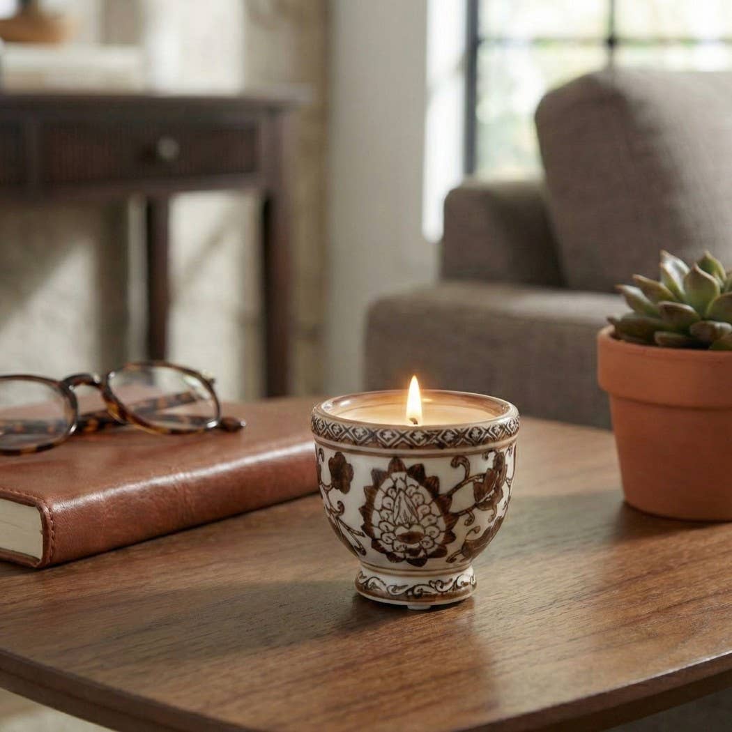 Scented Candle - Plumeria Brown and White Ceramic, 6 Oz.