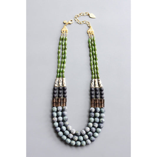 HYL219 Jasper and glass triple strand necklace
