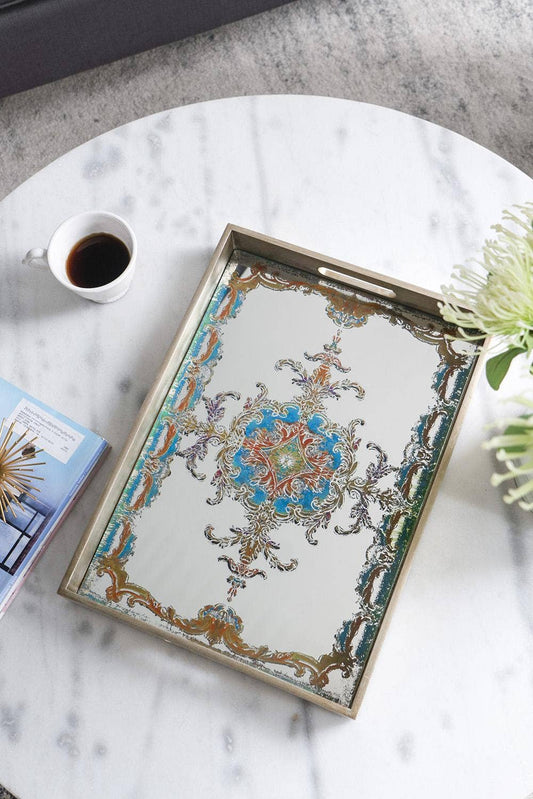 18x13x2" Mirrored Decorative Tray Scroll Design - Multicolor