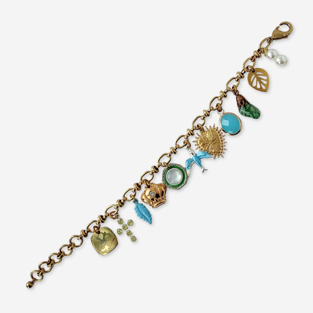 Blue, green, and gold repurposed vintage charm bracelet