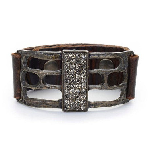 Open Rectangle Leather Bracelet: Vintage Brown w Black diamond
