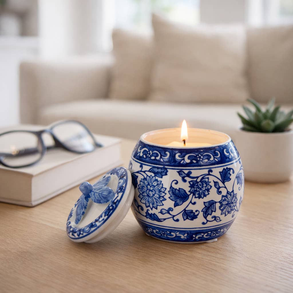 Scented Candle - Peony Wax Blue Chinoiserie With Lid, 8.5 Oz