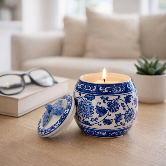 Scented Candle - Peony Wax Blue Chinoiserie With Lid, 8.5 Oz