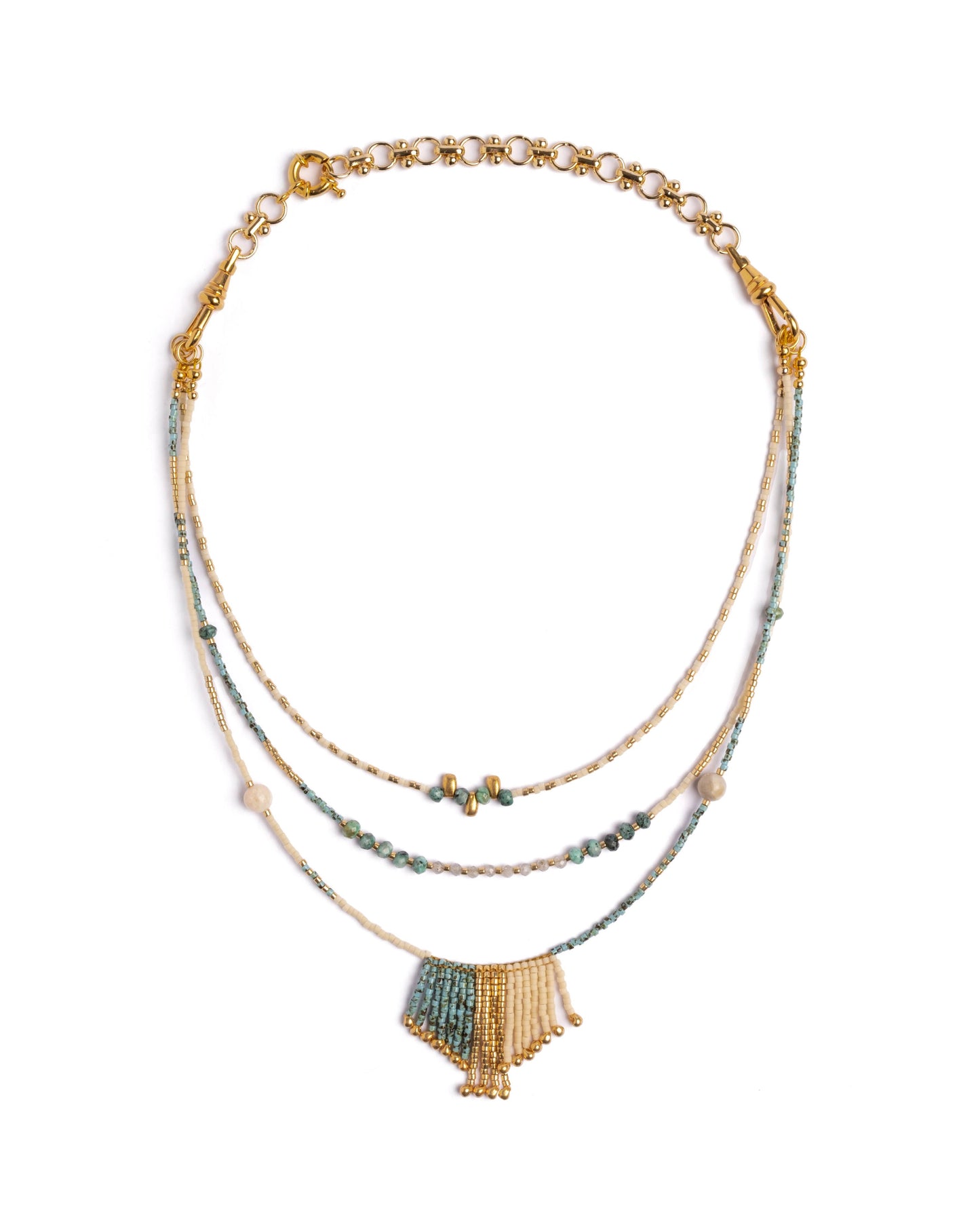 Handwoven Miyuki and Gem Fringe Layering Necklace (Olive)