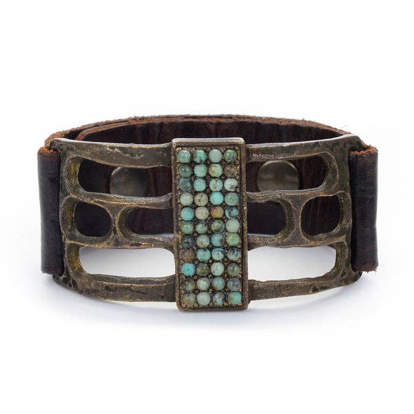 Open Rectangle Leather Bracelet: Vintage Brown w Black diamond