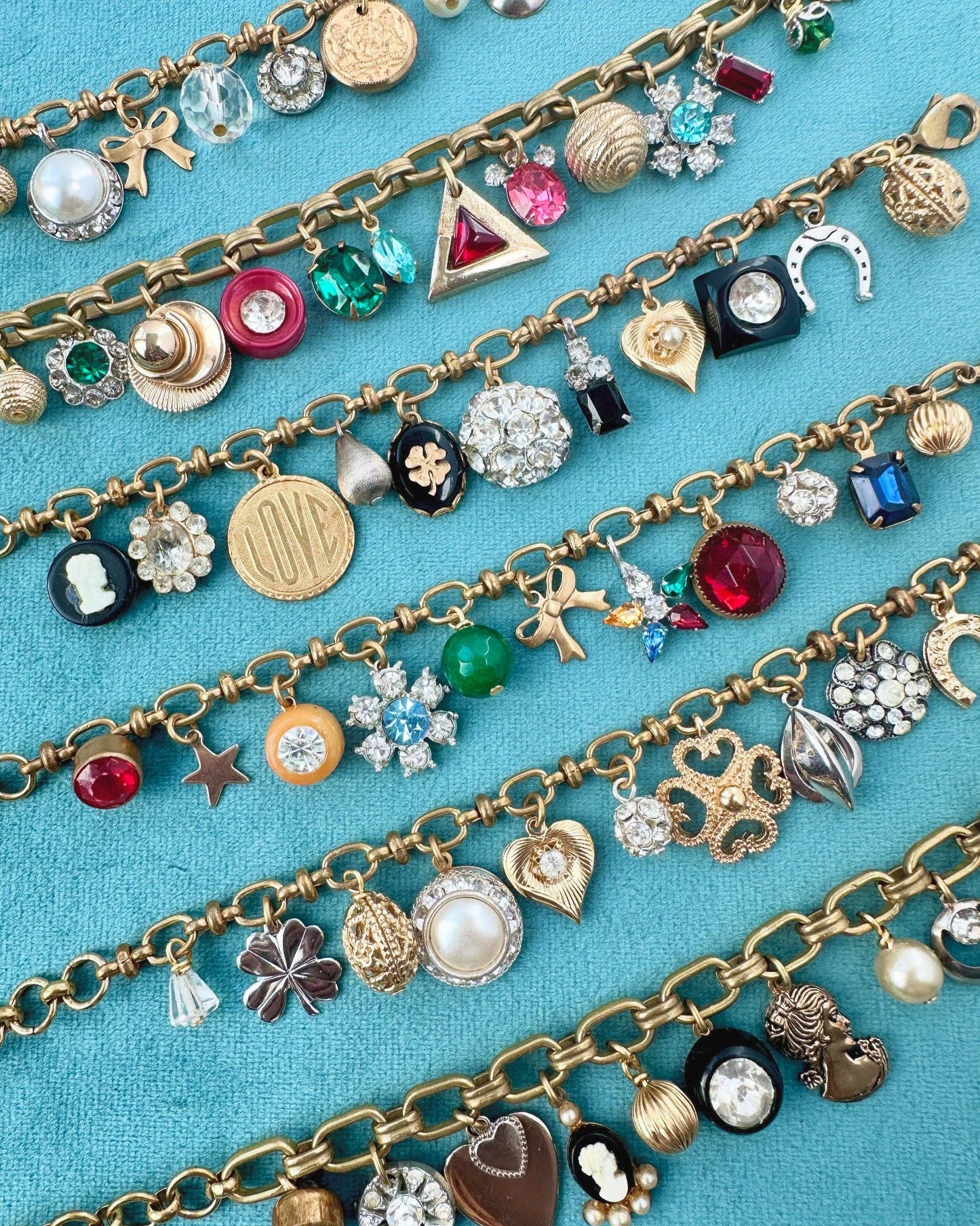 Repurposed vintage black and brass charm bracelet