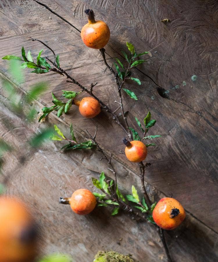Artificial Fruit Yellow Orange Pomegranate Fruit Stem 36" Tall: Three Stems