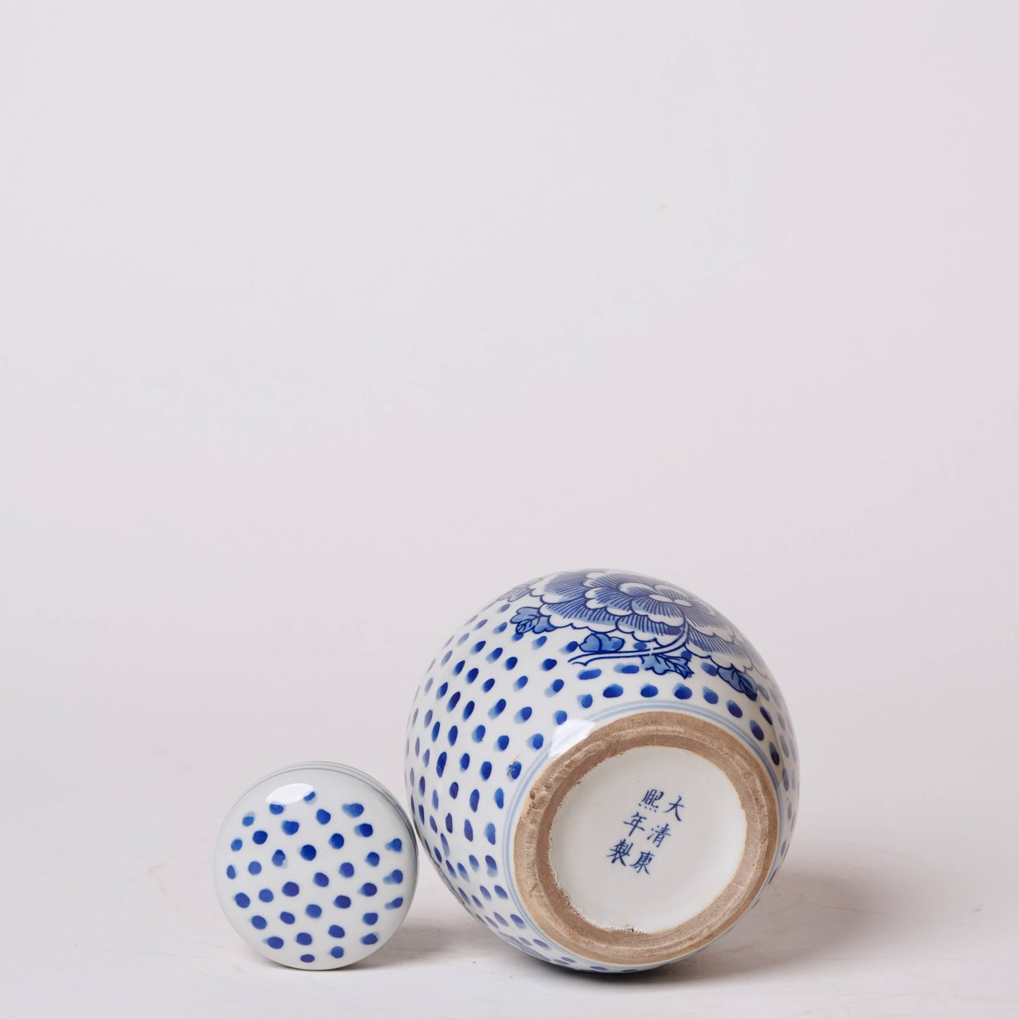 Blue and White Porcelain Peony Polka Dot Round Storage Jar